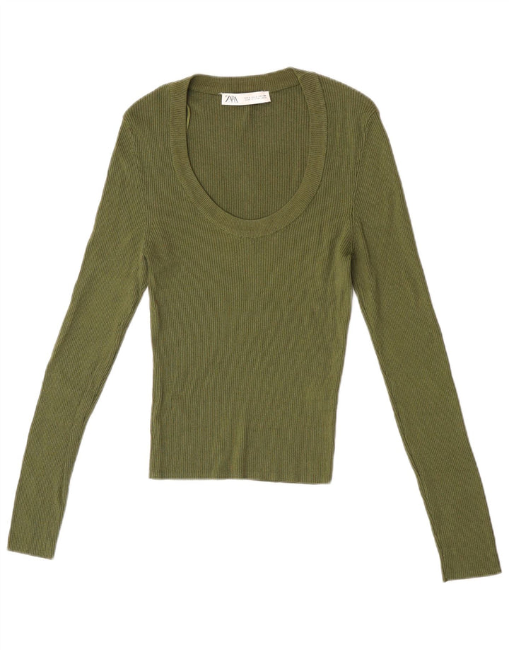 Zara Womens Top Long Sleeve UK 14 Large Khaki Viscose