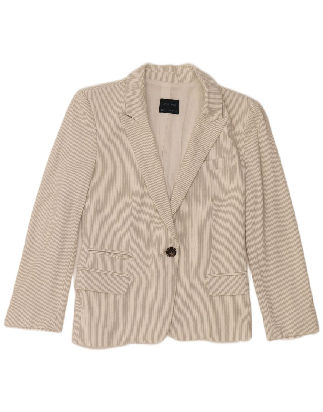 Zara Womens 1 Button Blazer Jacket UK 14 Large Off White Pinstripe Cotton