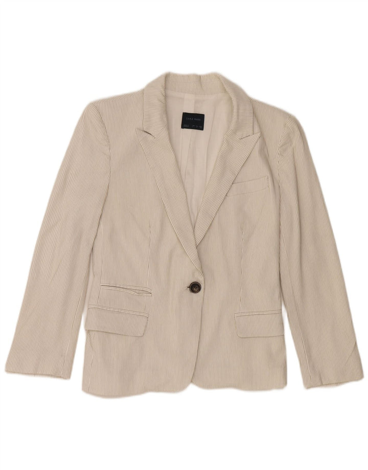 Zara Womens 1 Button Blazer Jacket UK 14 Large Off White Pinstripe Cotton