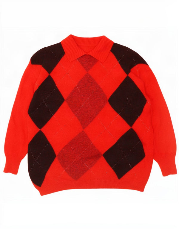Vintage Womens Polo Neck Jumper Sweater UK 14 Medium Red Argyle/Diamond