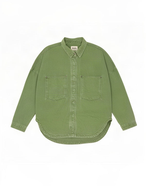 Zara Dame Oversized Denim Shirt UK 14 Medium Green Bomuld