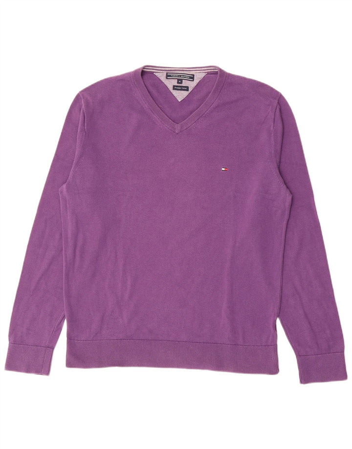 Tommy Hilfiger Mens V-Neck Jumper Sweater Medium Purple Cotton