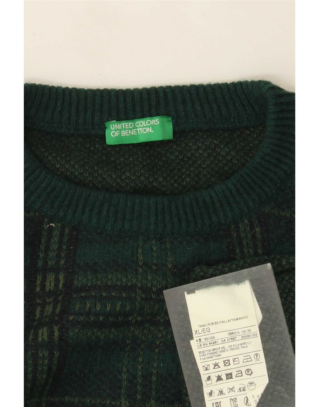 Benetton Mens Crew Neck Jumper Sweater XL Green Check Wool