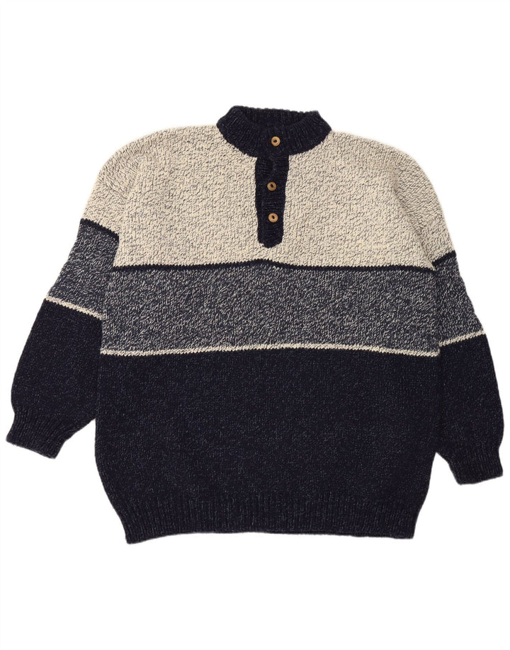 Vintage Mens Button Neck Jumper Sweater 2XL Navy Blue Colourblock