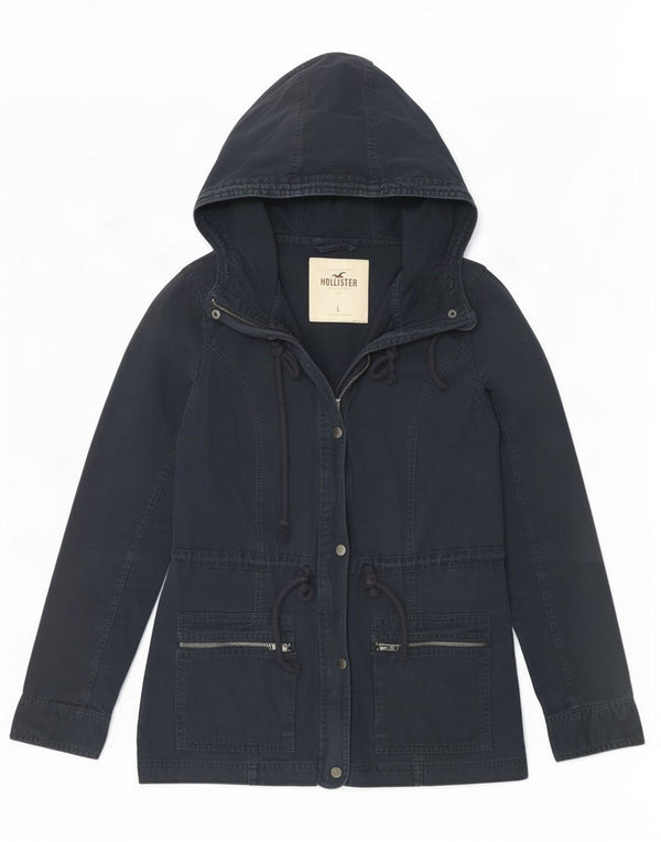 Hollister Womens Hooded Parka Jacket UK 14 Large Navy Blue Cotton