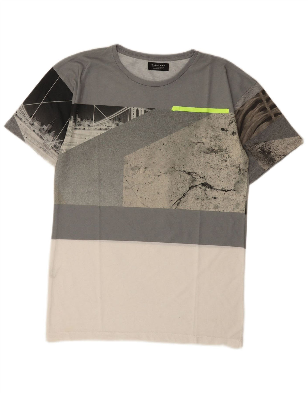 Zara Mens Graphic T-Shirt Top Small Grey Colourblock