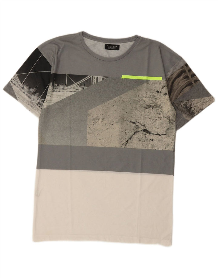 Zara Mens Graphic T-Shirt Top Small Grey Colourblock
