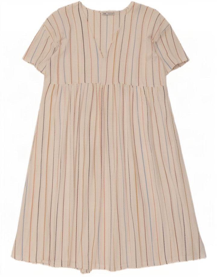 Vestido feminino Zara A-Line UK 16 grande poliéster listrado branco