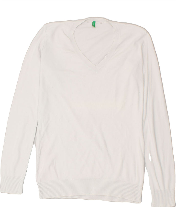 BENETTON Womens V-Neck Jumper Sweater UK 14  Large White | Vintage Benetton | Thrift | Second-Hand Benetton | Used Clothing | Messina Hembry 