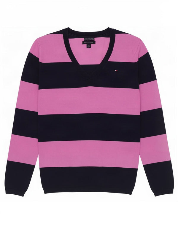 Tommy Hilfiger Womens V-Neck Jumper Sweater UK 10 Small Pink Striped Cotton