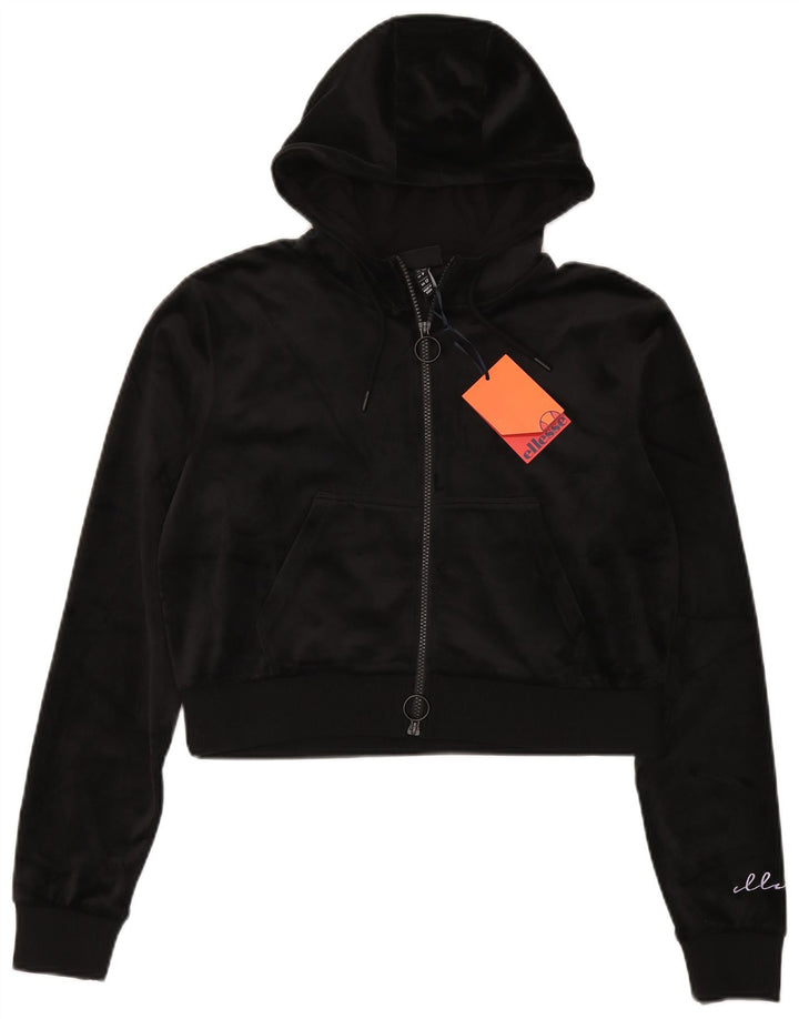 Ellesse Womens Crop Velour Zip Hoodie Sweater UK 12 Medium Black Polyester