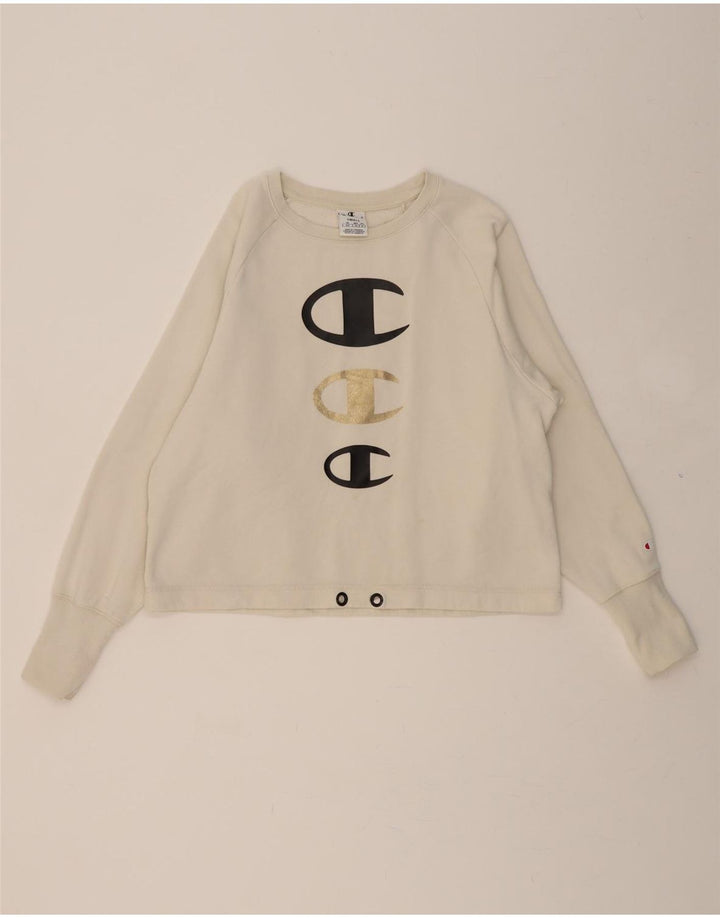 CHAMPION Womens Oversized Crop Sweatshirt Jumper UK 10 Small Off White Vintage Champion and Second-Hand Champion from Messina Hembry 