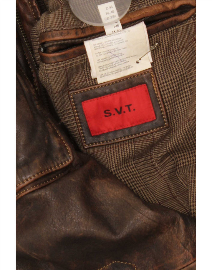 Jaqueta de couro militar masculina vintage UK 36 pequena marrom