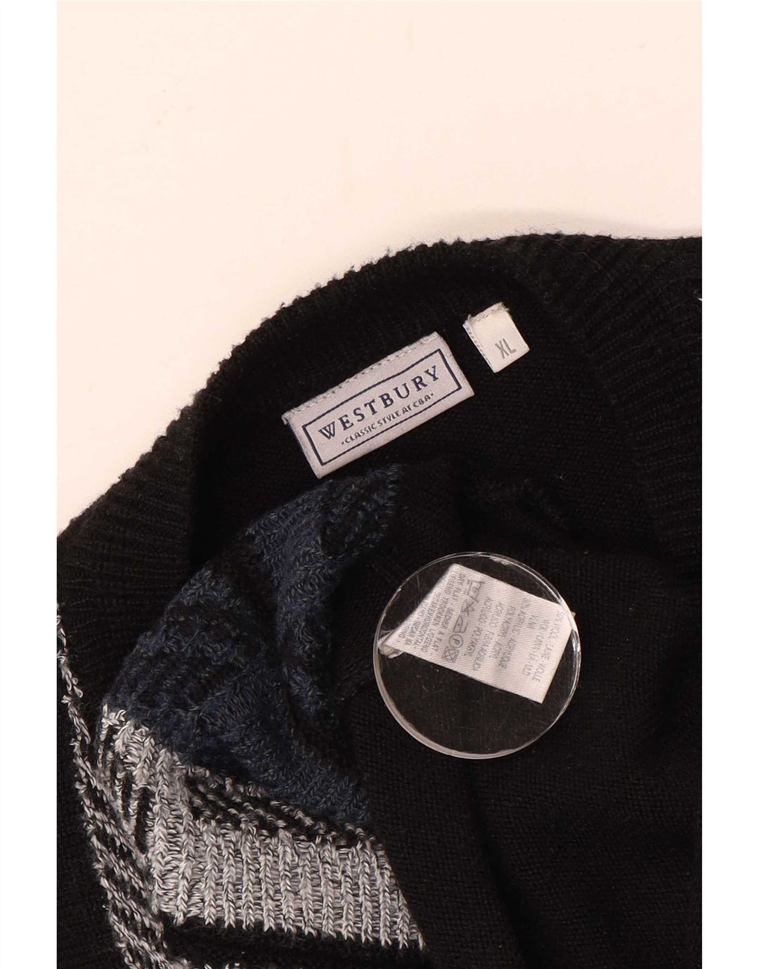 WESTBURY Mens V-Neck Jumper Sweater XL Black Geometric Wool