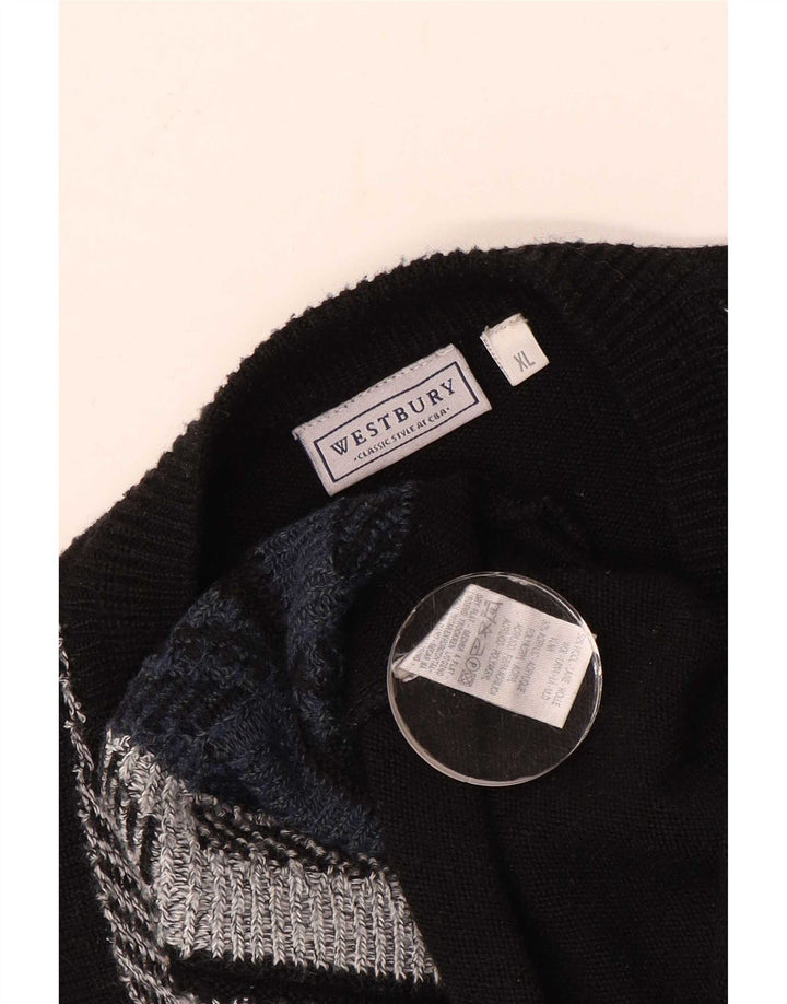 WESTBURY Mens V-Neck Jumper Sweater XL Black Geometric Wool