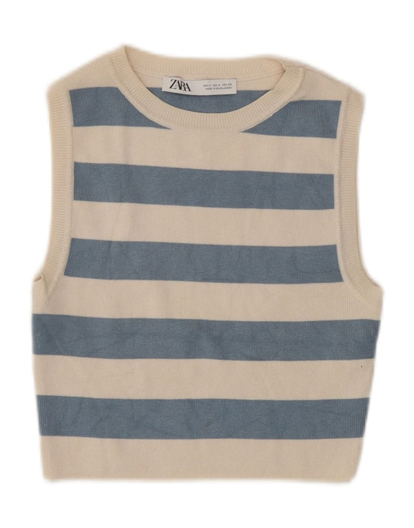 Zara Womens Crop Top UK 12 Medium Beige ριγέ βισκόζη