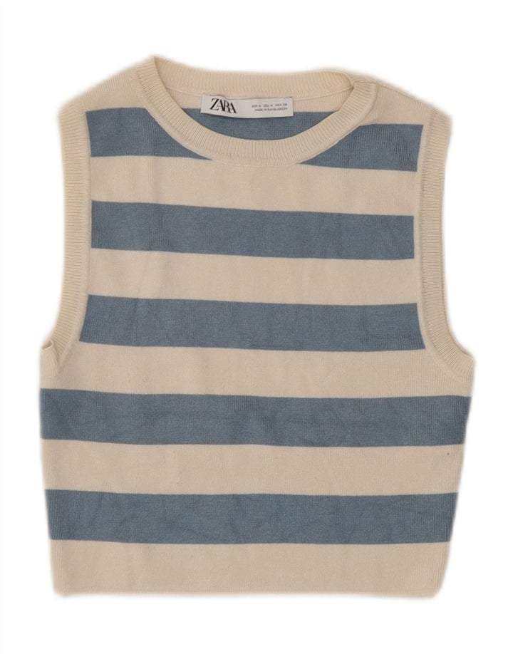 Zara Womens Crop Top UK 12 Medium Beige ριγέ βισκόζη