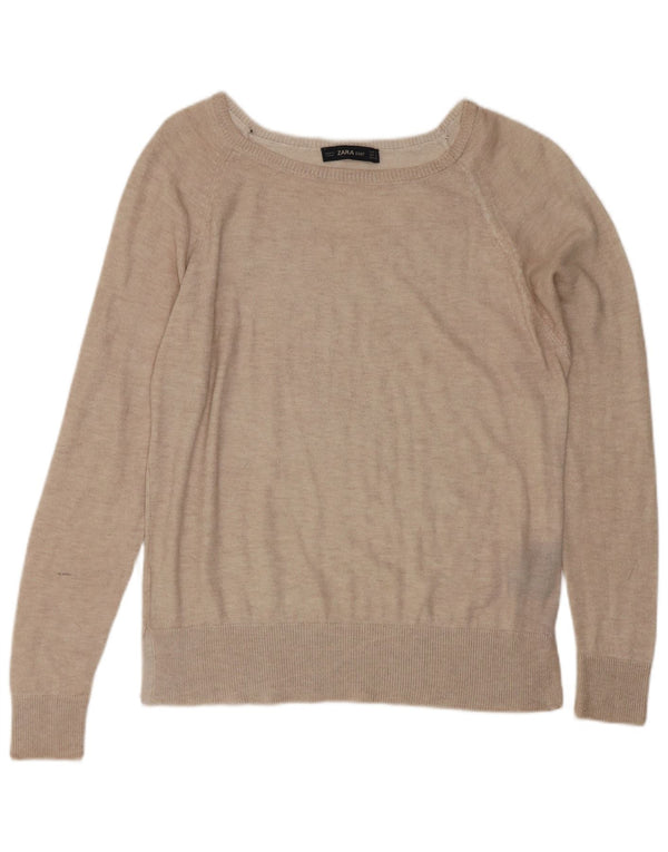 Zara Dame Boat Neck Jumper Sweater UK 10 Small Beige Viscose