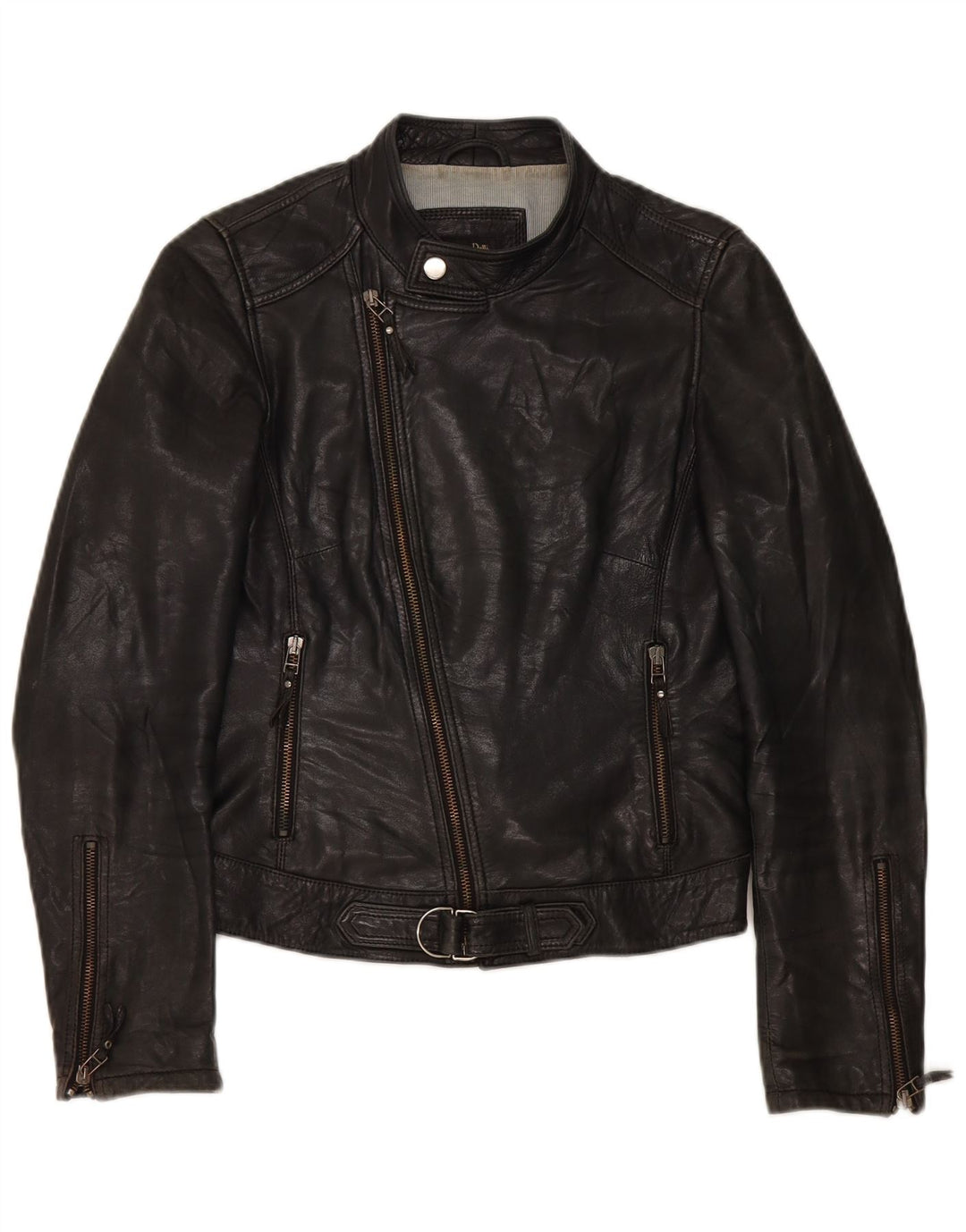 Massimo Dutti Womens Biker Leather Jacket UK 10 Small Black