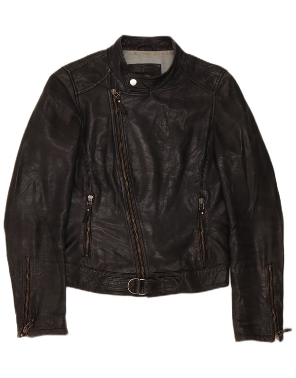Massimo Dutti Damen Biker-Lederjacke UK 10 Small Schwarz