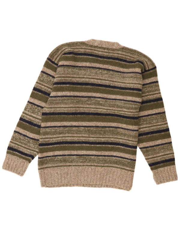 vintage Mens V-Col Jumper Sweater Grande laine rayée kaki
