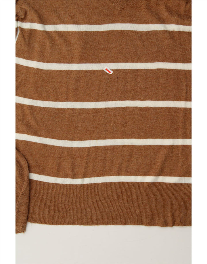 MOSSIMO Womens V-Neck Jumper Sweater UK 16 Large Brown Striped Nylon Vintage Mossimo and Second-Hand Mossimo from Messina Hembry 