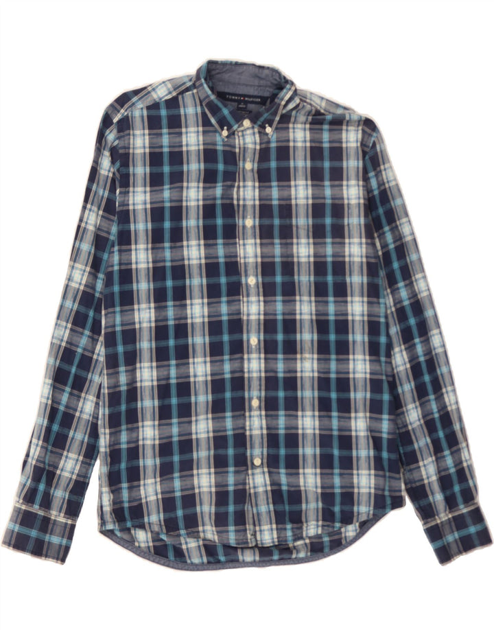 TOMMY HILFIGER Mens Custom Fit Shirt Medium Navy Blue Check Cotton Vintage Tommy Hilfiger and Second-Hand Tommy Hilfiger from Messina Hembry 