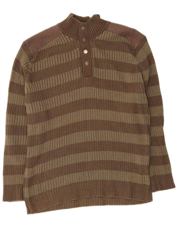 Vintage Mens Button Neck Jumper Sweater XL Brown Striped