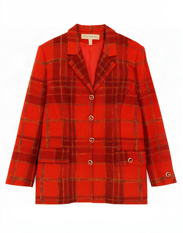 Weinberg Chaqueta Blazer de 4 Botones para Mujer UK 40 Grande Lana a Cuadros Rojos