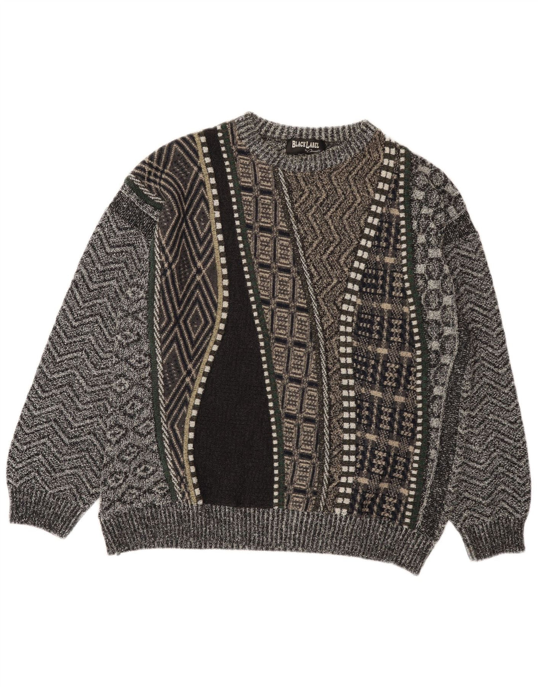 Suéter vintage masculino com gola redonda XL cinza patchwork lã de alpaca