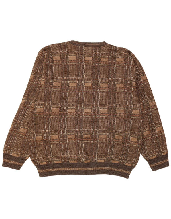 Vintage Mens Crew Neck Jumper Sweater Large Brown Check