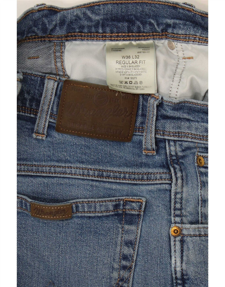 Wrangler Mens Regular Fit Straight Jeans W36 L32 Blue Cotton