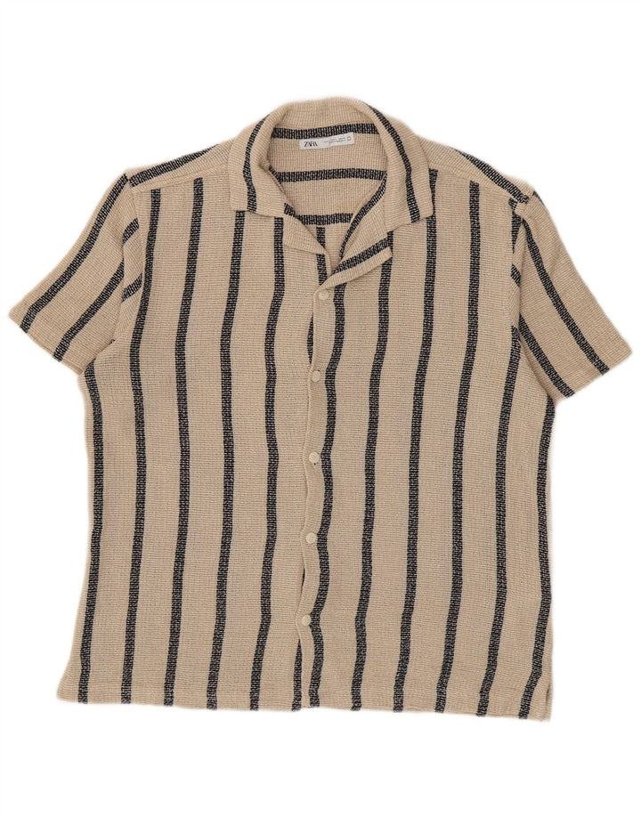 Zara Mens Short Sleeve Shirt Large Beige Striped Cotton