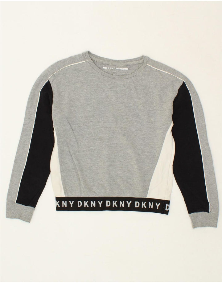 DKNY Boys Graphic Sweatshirt Jumper 8-9 Years Large Grey Colourblock Vintage Dkny and Second-Hand Dkny from Messina Hembry 