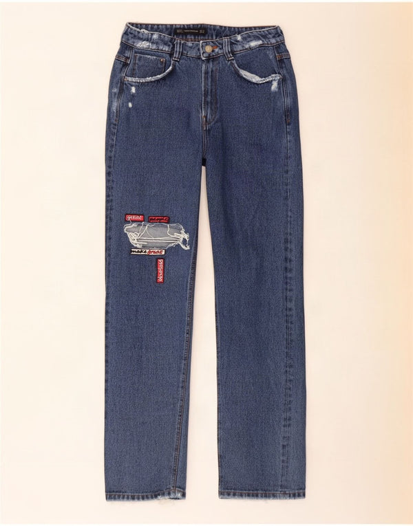 Calça jeans feminina Zara Trafaluc desgastada de cintura alta EU 36 XS W26 L29 azul