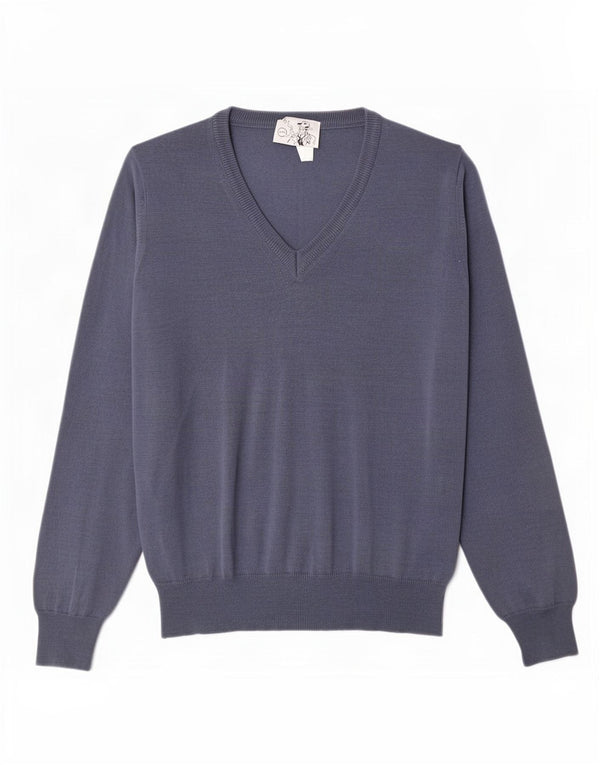 Vintage Mens V-Neck Jumper Sweater Medium Blue Merino Wool