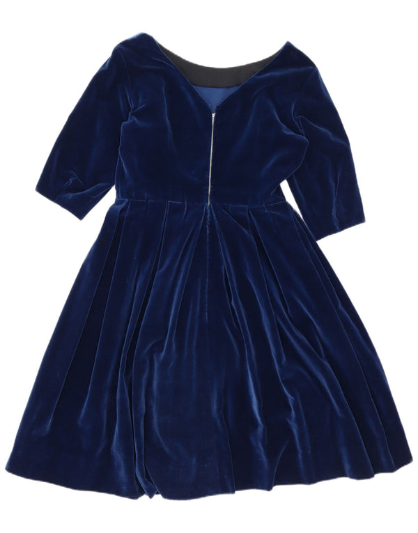 Vintage Womens 3/4 Sleeve Velvet A-Line Dress UK 14 Medium Navy Blue