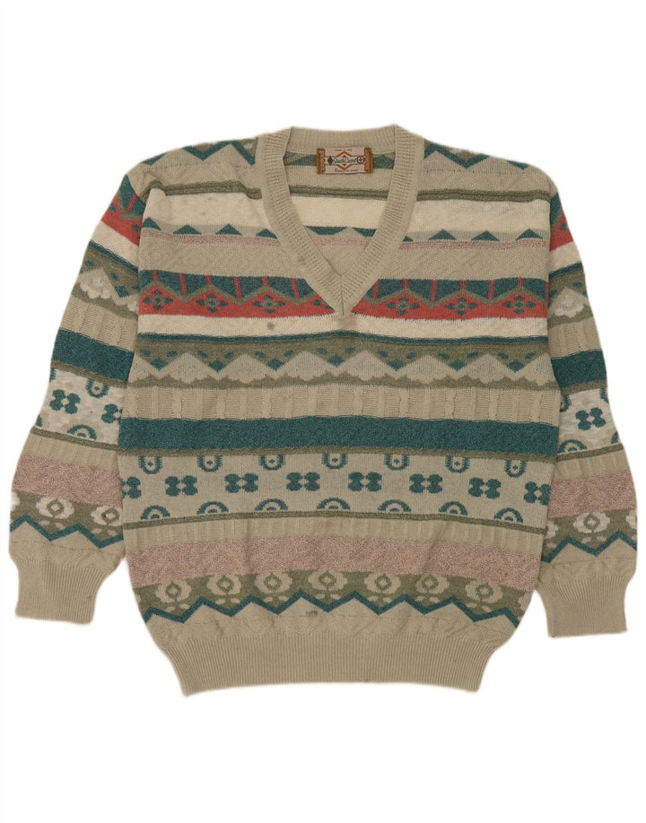 South Coast Mens Regular Fit Jumper Sweater Large Beige Geometric Retro