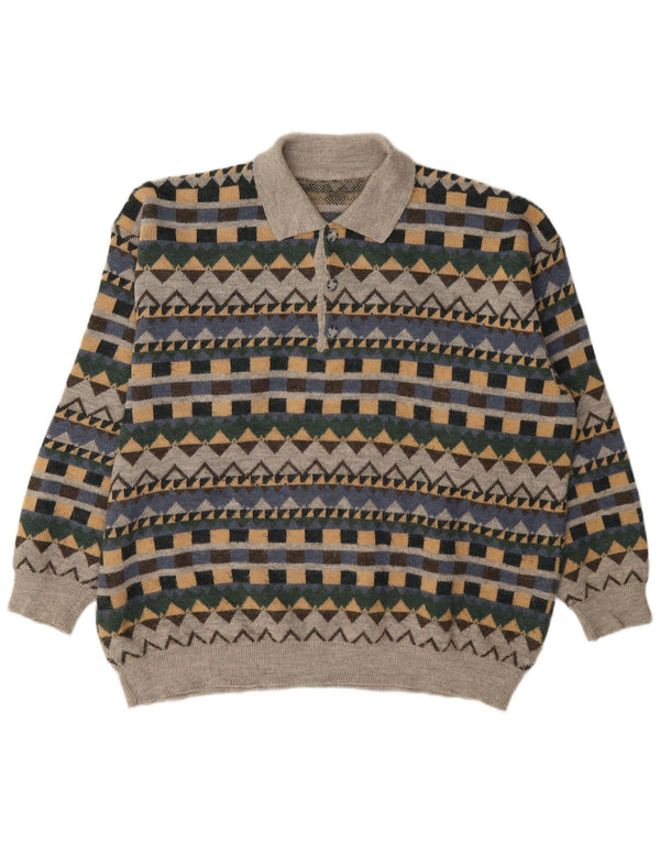 Pulover vintage pentru bărbați cu gât polo XL, acrilic geometric, gri
