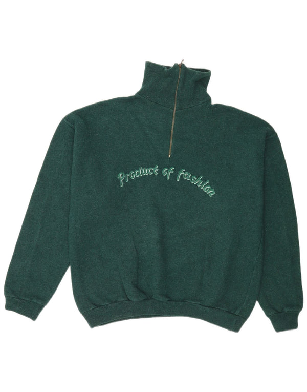 vintage Mens Graphic Zip Neck Jumper Pull Grand Vert