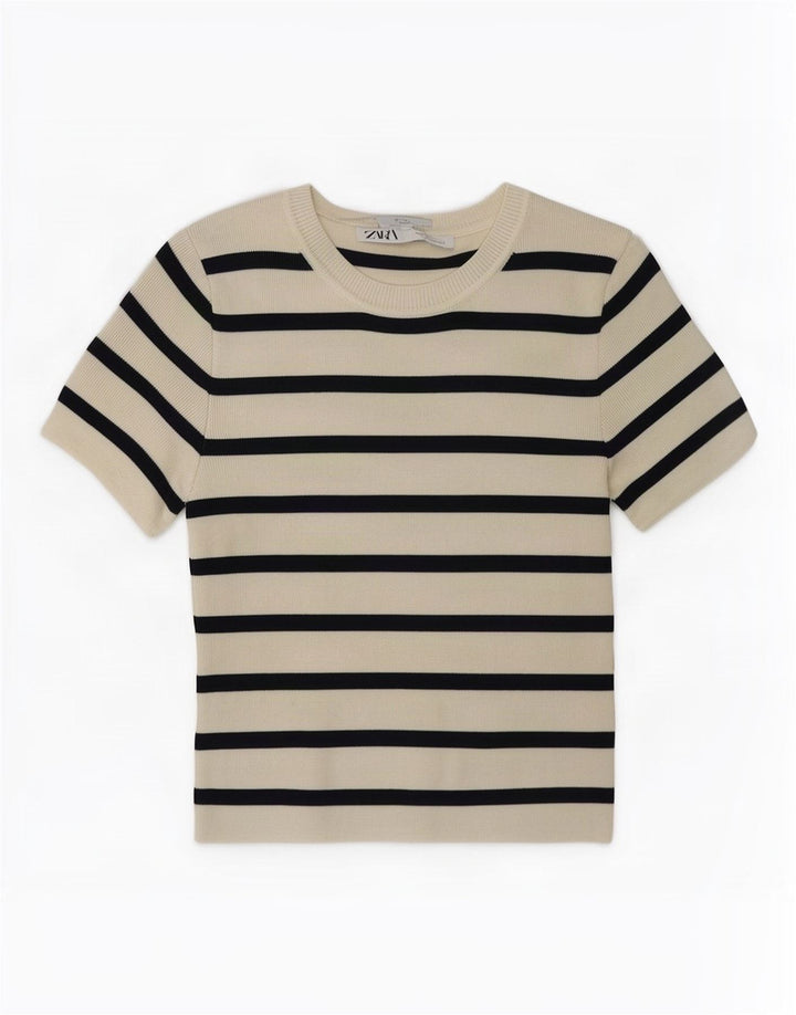 Zara Womens Crop Top UK 12 Medium Blanc Rayé