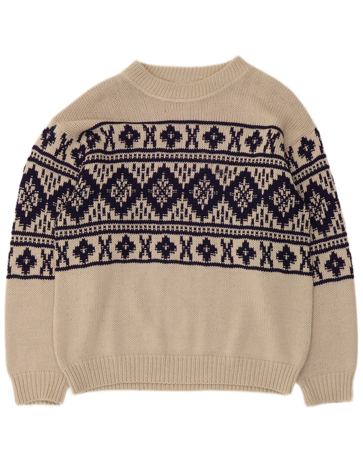 Vintage Mens Boat Neck Jumper Sweater Medium Beige Fair Isle