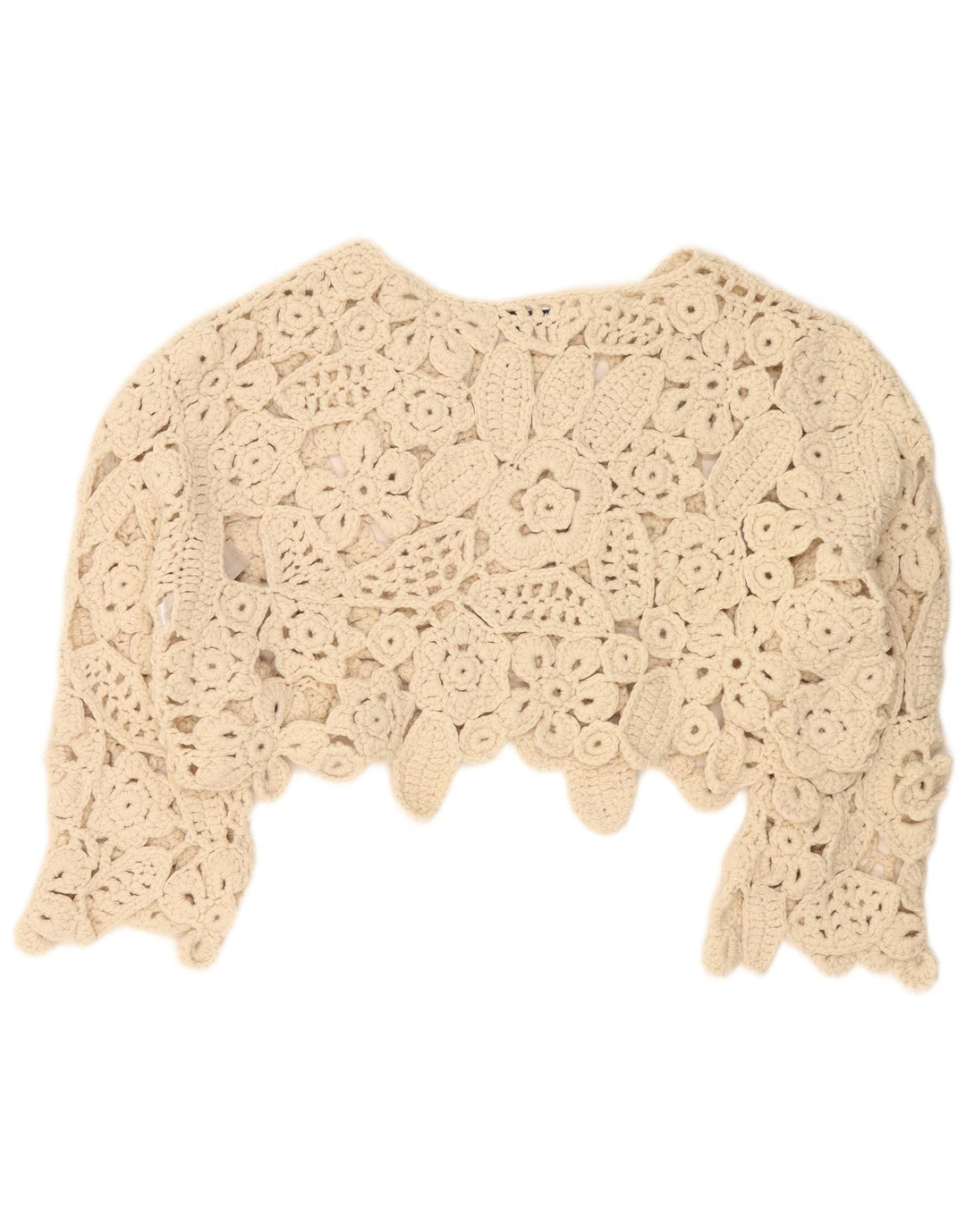 Zara Womens Oversized 3/4 Sleeve Crochet Blouse Top UK 14 Medium Beige