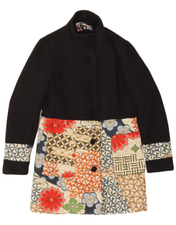 Desigual Womens Graphic Overcoat EU 40 Medium Black Patchwork Laine