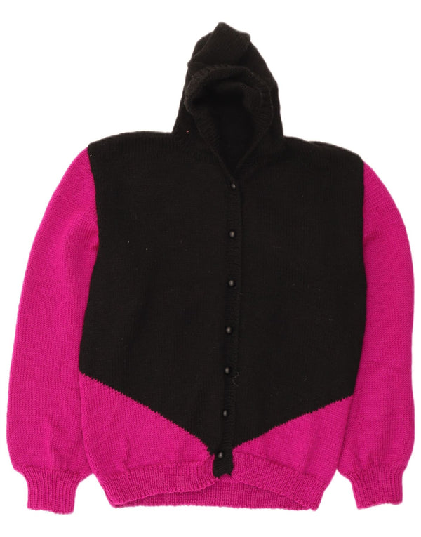 Vintage Damen Strickjacke mit Kapuze, UK 14, Mittelschwarz, Farbblock
