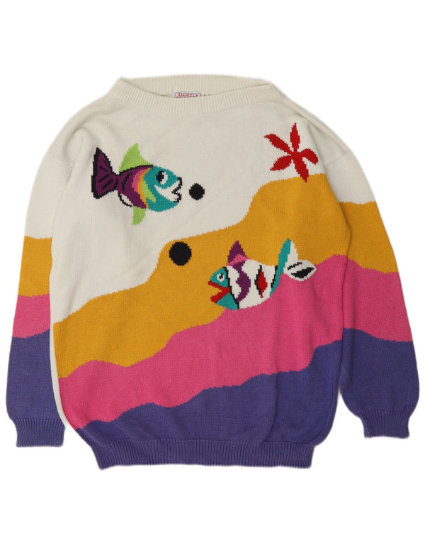 Maglione vintage da donna con scollo a barca EU 46/48 XL Blocco colore bianco