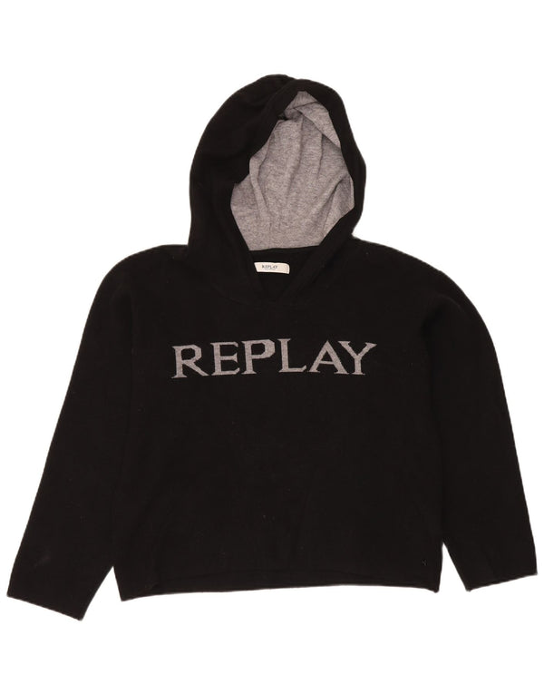 Replay Womens Crop Graphic Hoodie Jumper UK 16 Large Black Viscose