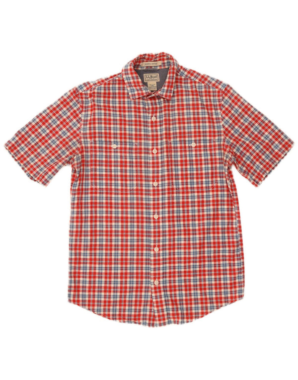 L.L.Bean Camisa de manga corta para hombre de algodón a cuadros rojos pequeños