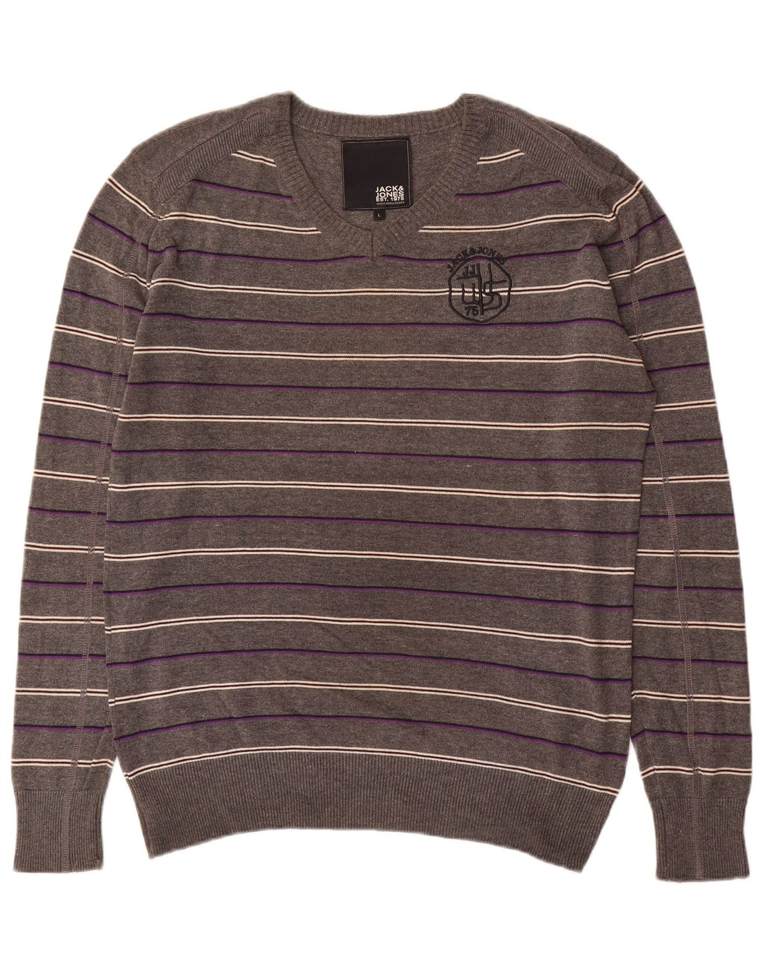 Jack & Jones Herren-Pullover mit grafischem V-Ausschnitt, groß, grau gestreift