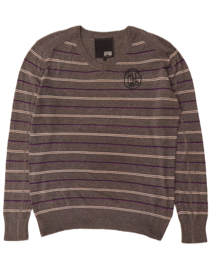 Jack & Jones Herren-Pullover mit grafischem V-Ausschnitt, groß, grau gestreift